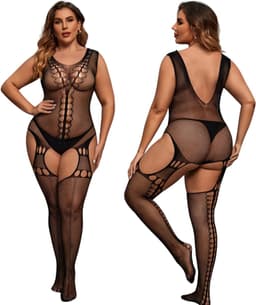 Elana Alessyne Plus Size Bodystocking – Zwart Visnet met Jarretel Look – Hoge Rekbaarheid – Full Body Lingerie — thumbnail 1
