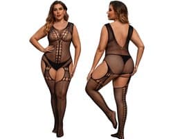 Elana Alessyne Plus Size Bodystocking – Zwart Visnet met Jarretel Look – Hoge Rekbaarheid – Full Body Lingerie
