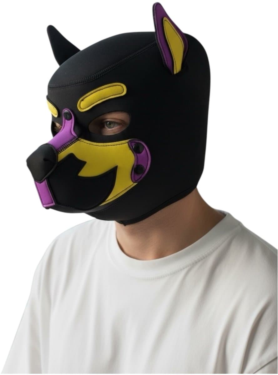 Hondenmasker Paars Geel Zwart – Puppy Play Masker – Verstelbaar & Comfortabel – Uniseks BDSM Accessoire – Kinky Pleasure® — afbeelding 1