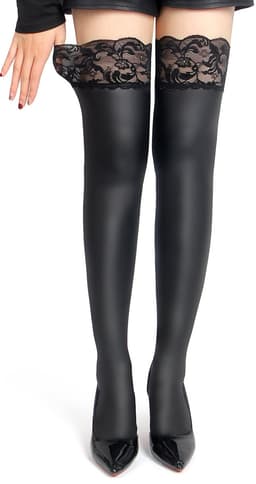 Zeloria Matte Wetlook / PU leer Kousen met Kant Rand – Zwart – Thigh High Stockings met Lace Top – L-XXL — thumbnail 1