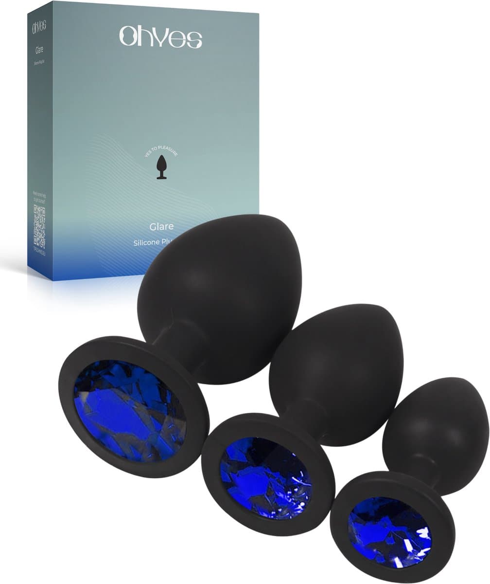 OHYES 3-Delige Siliconen Buttplug Set – Anal Butt Plug – Seks Toys voor Mannen & Vrouwen – Anale Seksspeeltjes - Buttplugs Anaal Speeltje met Diamanten - Blauw — afbeelding 1