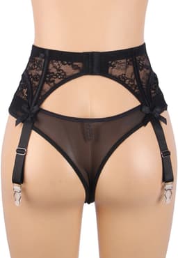 Zeloria Erotische Lingerie Jarretelgordel met Slip P5265 – Luxe Kant met Strikjes & Clips – Zwart – XS/S — thumbnail 10