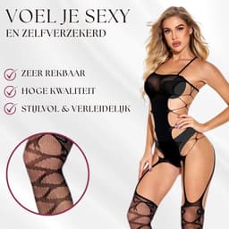 Elana - Lunessa - Bodystocking Erotische Lingerie Set met Open Kruis - Lingerieset - Sexy Catsuit - S t/m XL - Sexy Dames Lingerie - Bodysuit - Zwart - Open Zijkanten — thumbnail 2
