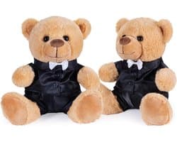 Bruidspaar Knuffels - Teddyberen Set - Cadeau Huwelijk - Elegante Pakken - 25 cm Hoog - Bruin en Zwart