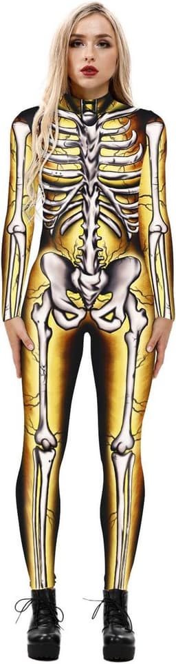 Dames Skelet Kostuum Halloween Stretch Catsuit Jumpsuit Bodysuit — thumbnail 1
