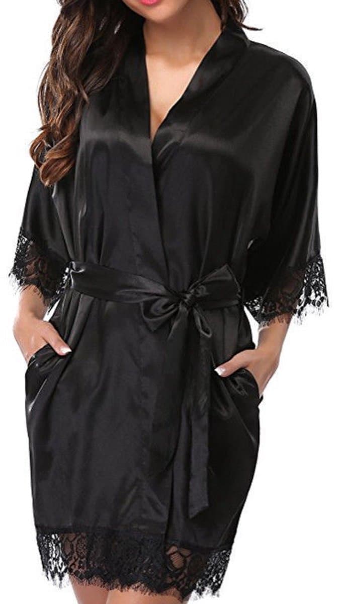 Sexy dames kimono - Maat XL - Zwart - Kant - Avondjas - Satijnen badjas - Zwart - LOUZIR — afbeelding 1