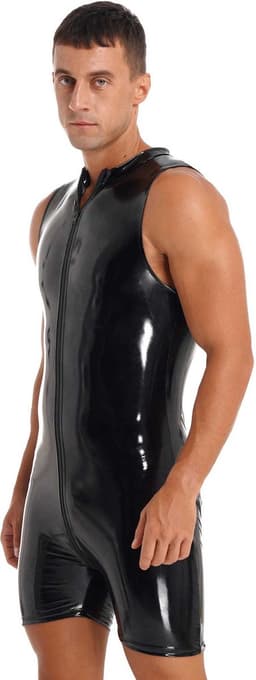 Heren Latex Wetlook jumpsuit deluxe - Mouwloos - Sexy bodysuit heren - PU lederen look - Bodycon - Club kleding - BDSM - SM — thumbnail 4