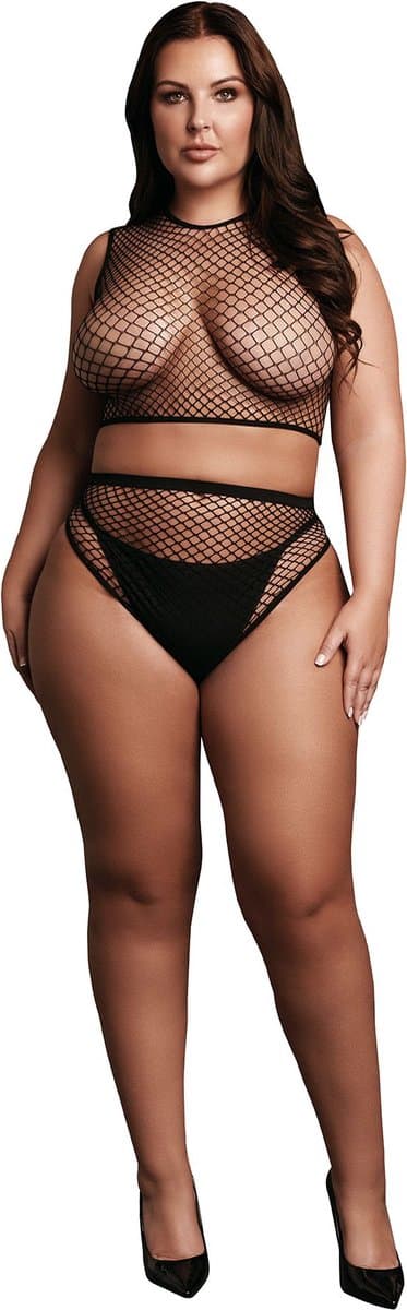 2 Pc Crop Top - Pantie and Fishnet Structure - OSX - Black — afbeelding 1