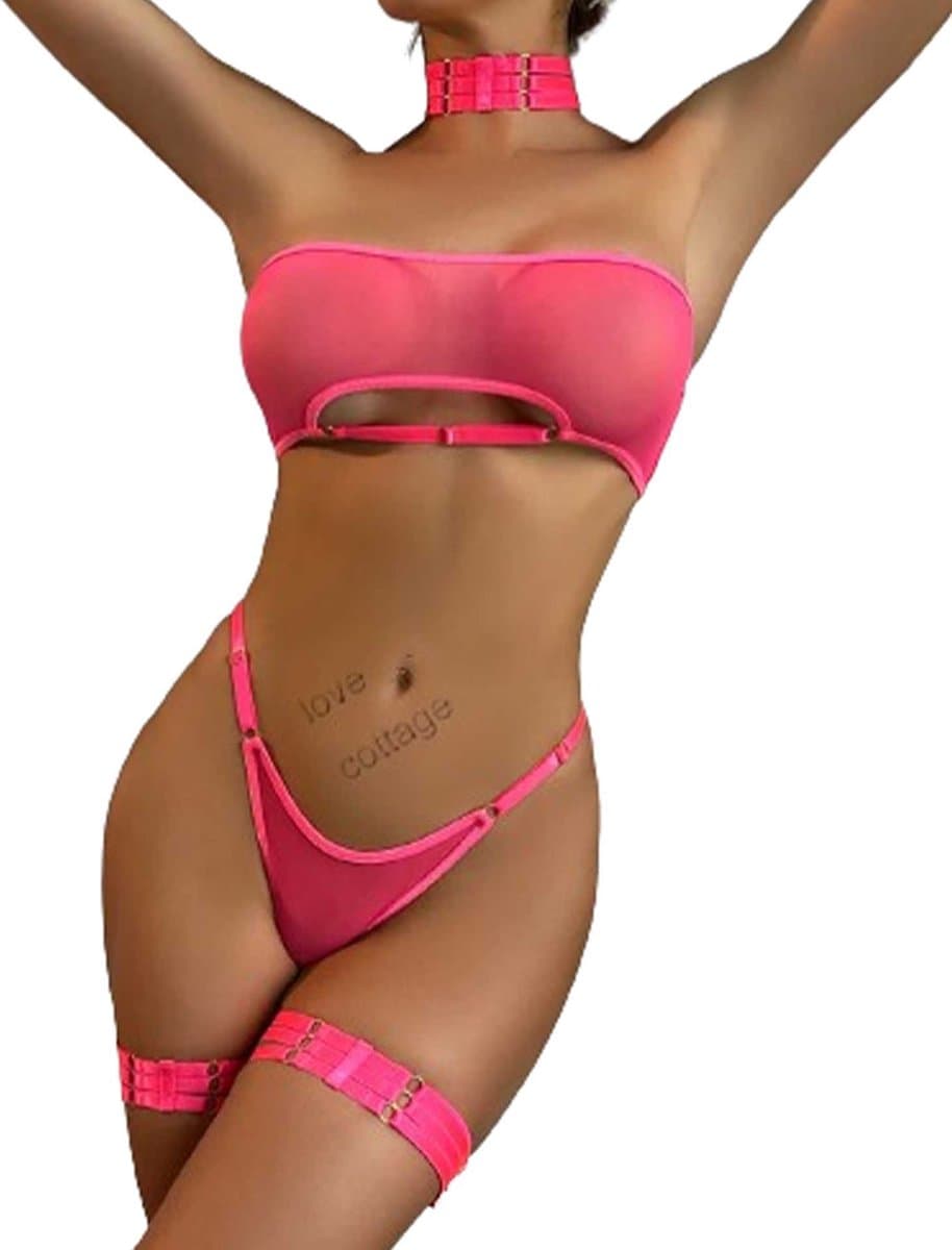 Erotische lingerie set - Transparant - 5-delig - Blauw en Roze - Zeer sexy — afbeelding 1
