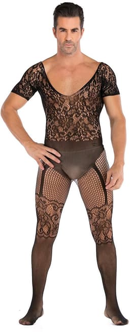 LekkerStout Heren Bodystocking - Zwart - Kant & Korte Mouwen - Open Rug - One Size M-XL | LS141 — thumbnail 3