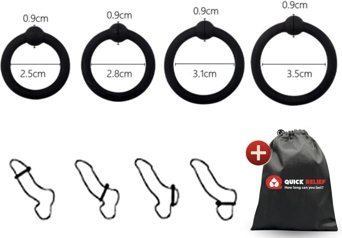 Quick Relief Quadruple Ring™ - Cockring - Set van 4 Cockringen - Penisring - Penisring Set - Siliconen - Extra Stimulatie - Ballstretcher - Zwart — afbeelding 1