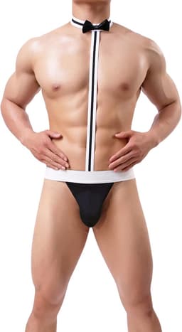 Sexy Heren String - met Strik - Onepiece Bodysuit - Zwart & Wit - Mannen - Heren Lingerie - One Size — thumbnail 2