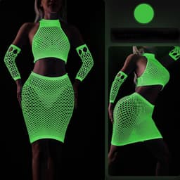 4-delige Neon deluxe outfit - Glow in the dark lingerie - Mouwen - Rokje - Sexy top - Nachtclub - Erotische visnet look - One size — thumbnail 2