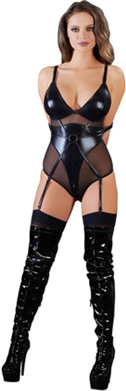 Cottelli Collection – Bondage Jarretel Body Wetlook met Elleboog Riemen en Tepel Sluiting – Maat L – Zwart — thumbnail 1