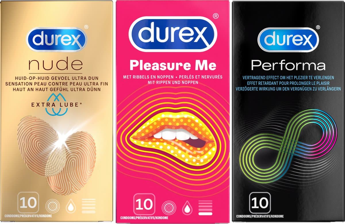 Durex - 30 Condooms - Performa 10st met vertragend effect - Nude Extra Dun en Lube 10st - Pleasure Me geribbelde condooms 10st - Voordeelverpakking — afbeelding 1