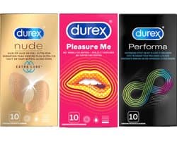 Durex - 30 Condooms - Performa 10st met vertragend effect - Nude Extra Dun en Lube 10st - Pleasure Me geribbelde condooms 10st - Voordeelverpakking
