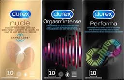 Durex - 30 Condooms - Performa 10st - Nude Extra Lube 10st - Orgasm Intense 10st — thumbnail 1
