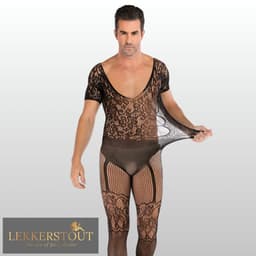 LekkerStout Heren Catsuit met Open Kruis - Zwart - Visnet Herenlingerie - One Size S-XL | LS141 — thumbnail 3