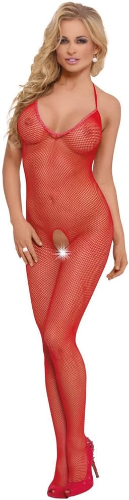 Softline - Fishnet - Dames Lingerie - Visnet Catsuit met Open Kruis - Half Lange Mouwen - Sexy Doorschijnend Lingerie Set - Uitdagende Bodystocking - Erotisch Setje - One Size - Rood — thumbnail 2