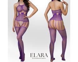 Elara - Lirabelle - Bodystocking Erotische Lingerie met Open Kruis - Catsuit - S t/m XL - Sexy Dames Lingerie - Paars
