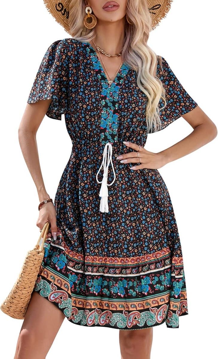 Boho Zomerjurk voor Dames – Korte Mouwen, V-hals, Bloemenprint – Elegante Mini-jurk voor Strand en Vrije Tijd — afbeelding 1