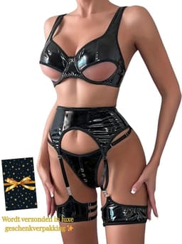Kinky Lingerie Set Dames – Zwart Lak Lingeriesetje met Jarretels – Sexy PU Wetlook Lingerie – BDSM – Open Cup BH & Hoge Taille Slip – Kinky – Clubwear – Fetish – Erotische Lingerie – Maat XS/S, M, L — thumbnail 1