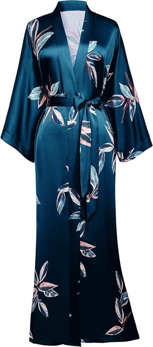 Lange Satijnen Kimono Jurk voor Dames - Luchtige Zomer Badjas met Bladerpatroon — afbeelding 1