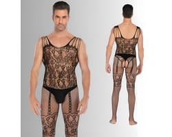 Heren Bodystocking met Open Kruis - Zwart - Mannen Lingerie - One Size S-XL (46-52) | LS089