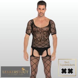 Heren Bodystocking Met Kant & Jarretels - Zwart - Erotische Herenlingerie - One Size S-XL (46-52) | LS166 — thumbnail 2