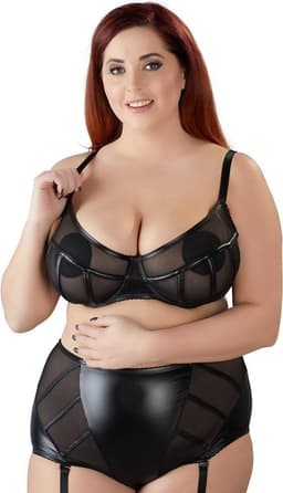 Cottelli Plus Size –  Sexy Beha met Transparante Inzetstukken en Wetlook Jarretel Afwerking – Maat 90F – Zwart — thumbnail 5