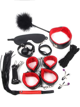 BDSM Set 10 Delig – Complete Bondage Set voor Stellen - Seksspeeltjes – Handboeien in Faux leer met bont, Enkelboeien, Halsband, Zweep, Kietelveer, tepelklemmen en Accessoires – Zwart/Rood - — thumbnail 2