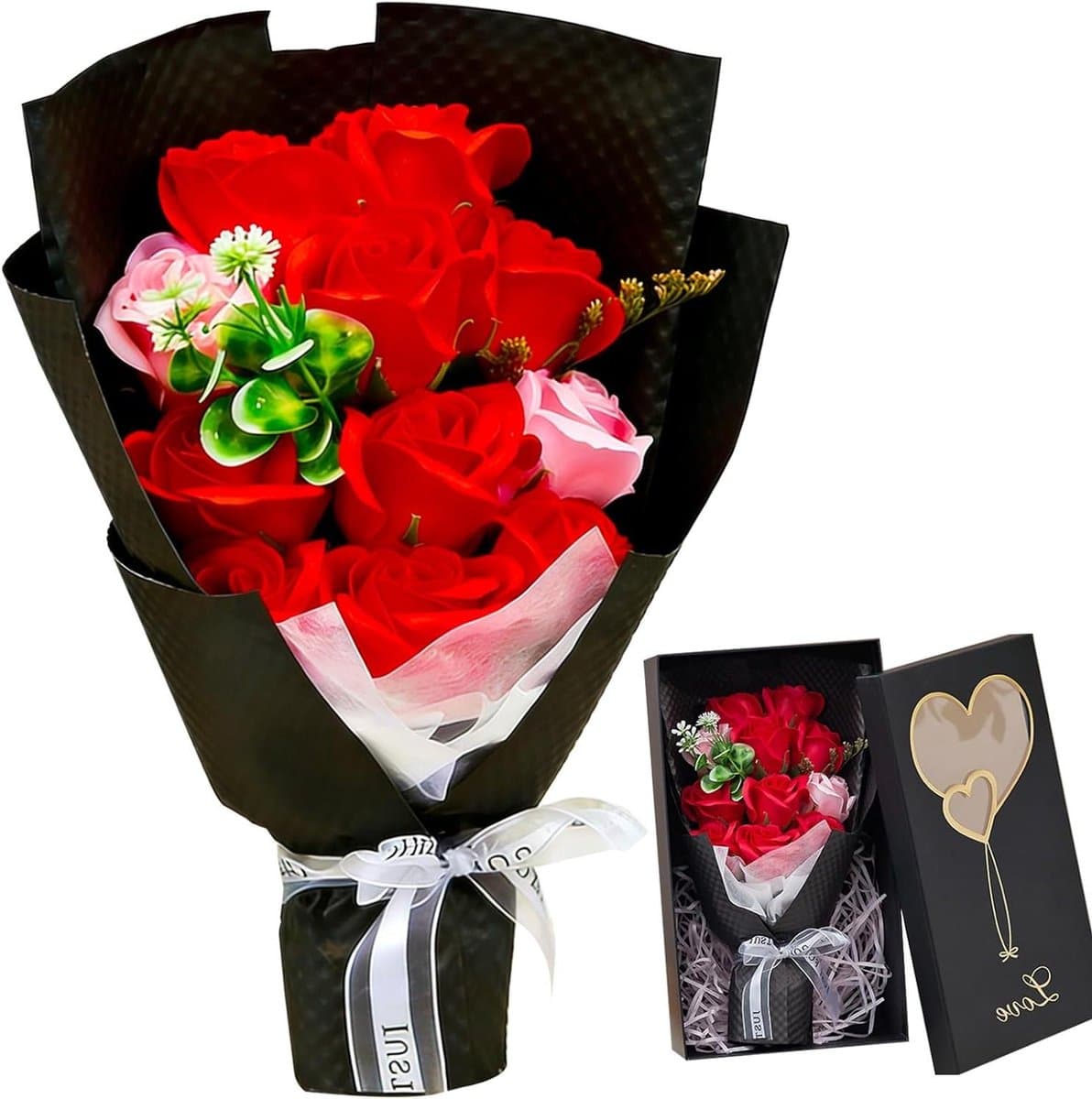 Eeuwige Rode Rozen - Bewaarde Bloemen - Romantisch Cadeau - Zwarte Doos Hartjes - 10 x 18 x 32 cm — afbeelding 1