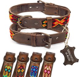 halsband voor honden, dubbel tribal geborduurd, vuurrood-bruin, hoogwaardig afgewerkte hondenhalsband, handgemaakt in Mexico, maat M, hondenhalsband voor middelgrote honden, breed leer — thumbnail 1