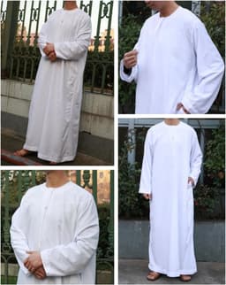 thobe voor mannen, witte moslim Kandura met ronde hals, traditionele Arabische Dishdasha lange mouwen, handgenaaide etnische kleding uit het Midden-Oosten voor Ramadan — thumbnail 2