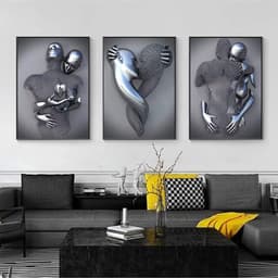 Abstracte Canvasprint Set van 3 - Romantisch Portret in Grijstinten - Modern Wanddecor voor Woonkamer en Slaapkamer - 21 x 30 cm — thumbnail 1