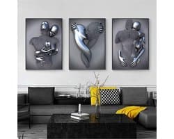 Abstracte Canvasprint Set van 3 - Romantisch Portret in Grijstinten - Modern Wanddecor voor Woonkamer en Slaapkamer - 21 x 30 cm