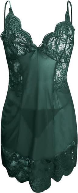 Luxe Dames Babydoll Lingerie – Satijn & Kant Nachtjurkje met String – Elegante Nachtmode – Donkergroen — thumbnail 2