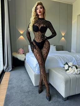 Luxe Dames Bodystocking – Naadloze Kant Catsuit met Lange Mouwen – Verleidelijke Nachtmode – Zwart — thumbnail 3