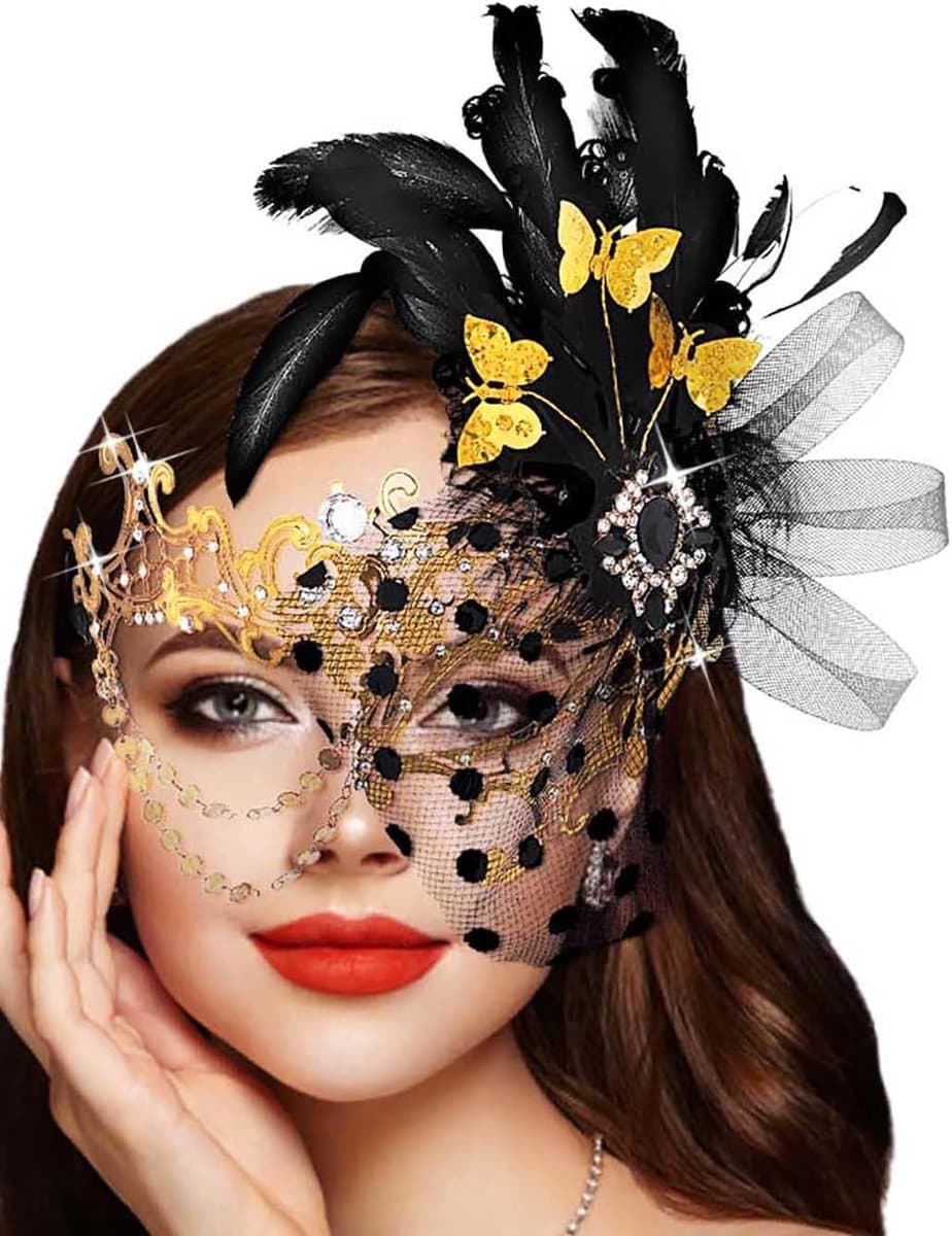 Vederachtige Gouden Masker voor Dames - Venetiaans Feestmasker voor Carnaval en Prom, Elegante Oogmasker voor Verkleedpartijen — afbeelding 1
