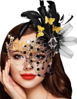 Vederachtige Gouden Masker voor Dames - Venetiaans Feestmasker voor Carnaval en Prom, Elegante Oogmasker voor Verkleedpartijen — thumbnail 1