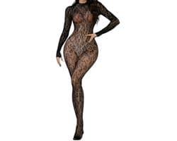 Dames bodystocking met luipaardprint - Lange mouwen, open rug - Feestlingerie