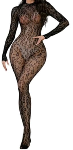 Dames bodystocking met luipaardprint - Lange mouwen, open rug - Feestlingerie — thumbnail 1