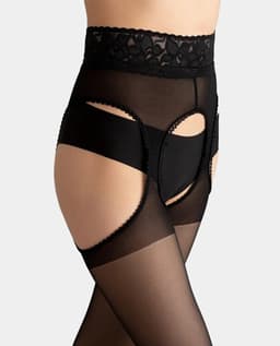 GIULIA Panty - Impresso LOVE 20 - Open Kruis Panty - Strip Panty - Erotiek - Breed Kanten Boord - 20 Den - Medium - Zwart — thumbnail 1