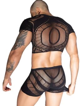 Transparante Visnet Body voor Heren - 2-delig - Sexy Mesh Set - Incl. Zwarte Kruis-Tepelstickers - One Size S-L | LekkerStout | ( LS326 ) — thumbnail 4