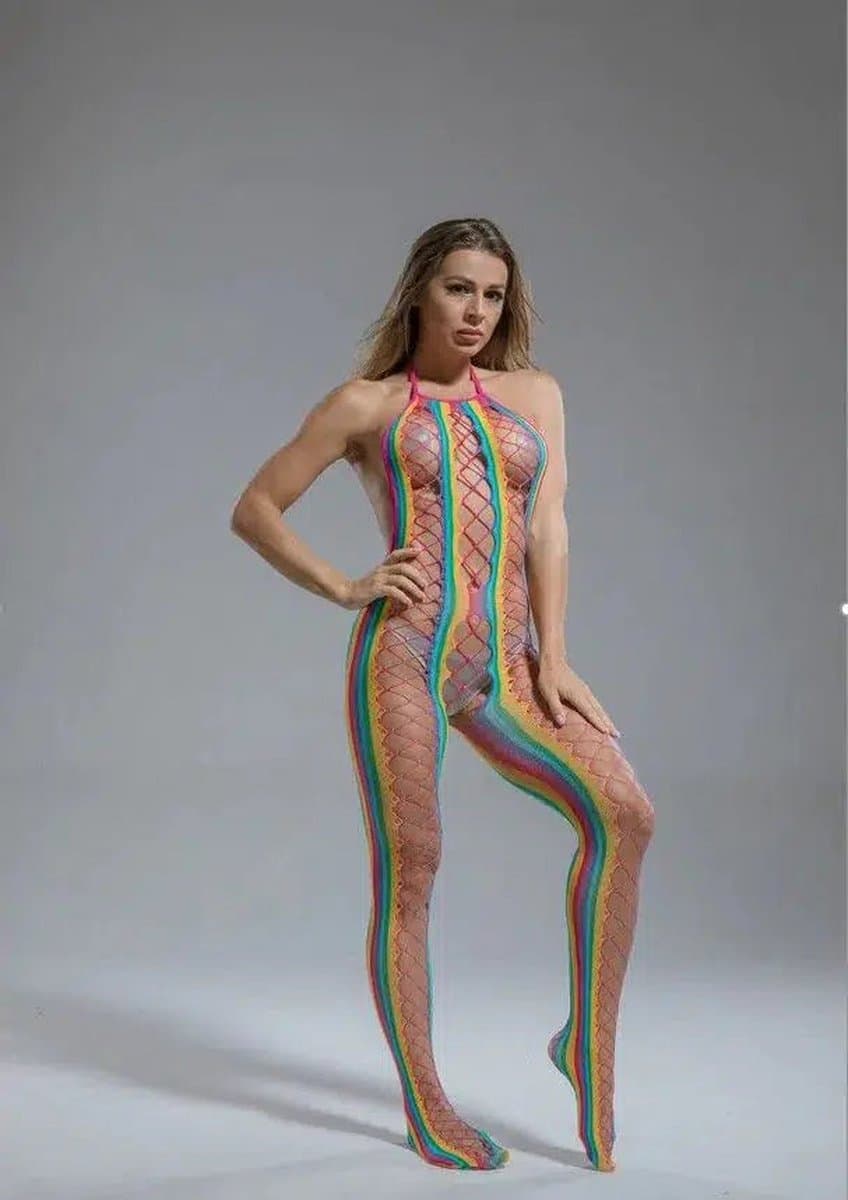 Cindylove - Bodystocking - Catsuit met Rijgveter Illusie - One size - Rainbow — afbeelding 1