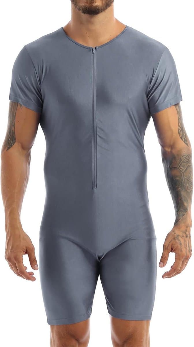 Heren Bodysuit Kort Mouw met Ritssluiting - Slim Fit Onderhemd Overall — afbeelding 1