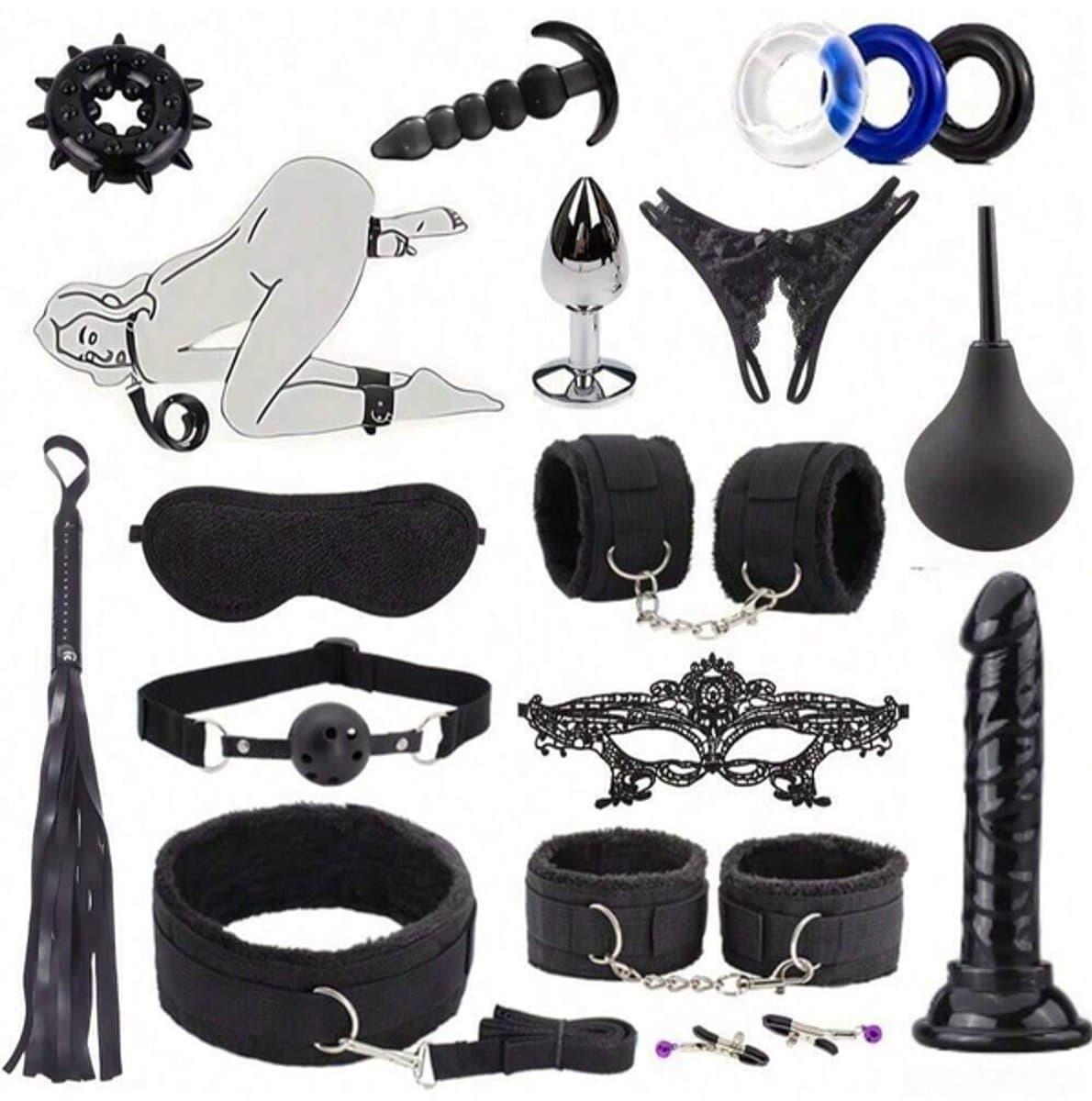 Oneay BDSM Extreme Bondage Set - 17 Delig -SM Handboeien - Dildo - Zweep / Anale plug / Tepelklemmen - Sex Toys voor Koppels - Seksspeeltjes voor mannen en vrouwen - Sex Pakket en Toys - Zwart — afbeelding 1