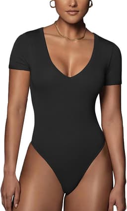 Dames Body met Korte Mouwen en V-Hals - Nauwsluitend en Elastisch Shirt — thumbnail 4