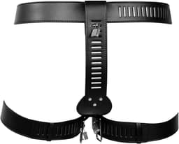 PU Leather Female Chastity Belt with Leg Restraint - Black — thumbnail 2
