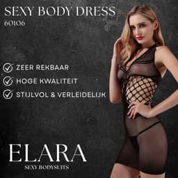 Elara Tirena – Sexy Bodydress van Visnet & Kant – Verleidelijke Mini Jurk met Stretch - Erotisch Body / Bodystocking – One Size – Zwart — thumbnail 2